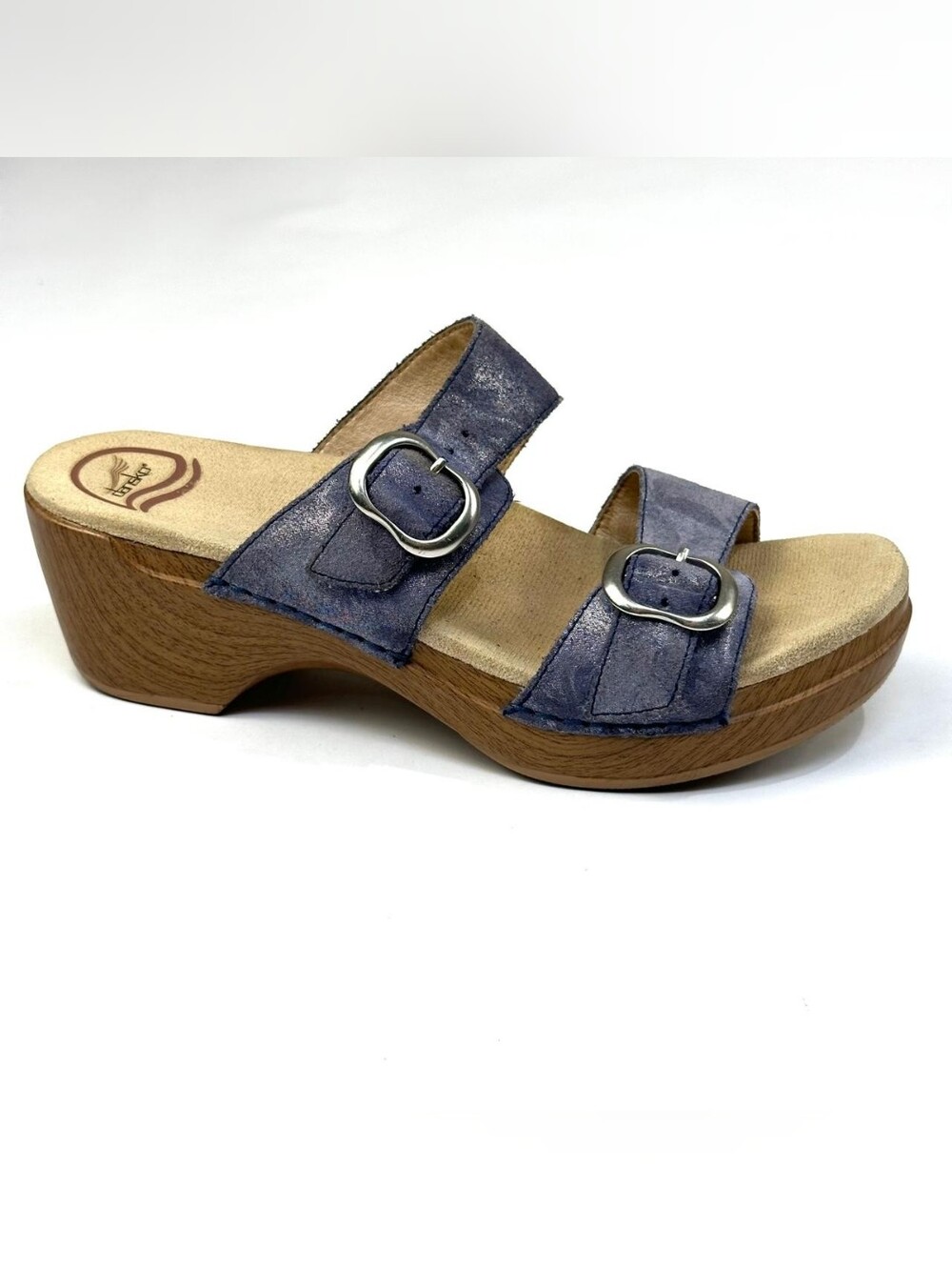 Dansko Season Blue Metallic Leather Slide Sandals Buckle Clogs EU 38 US 7.5 - 8